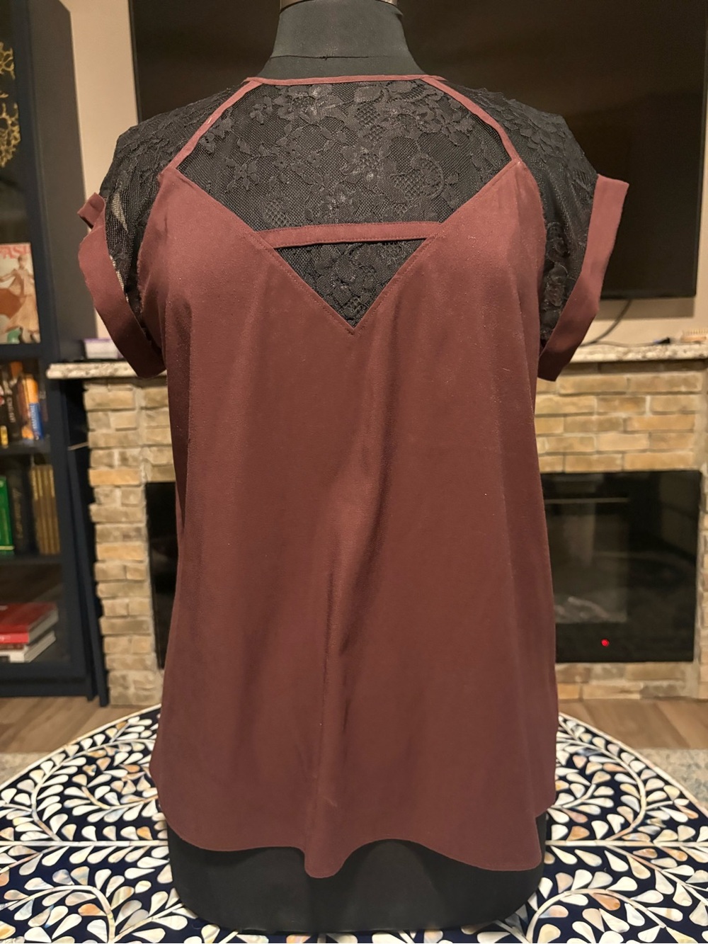 Express Burgundy Top with Black Lace Yoke